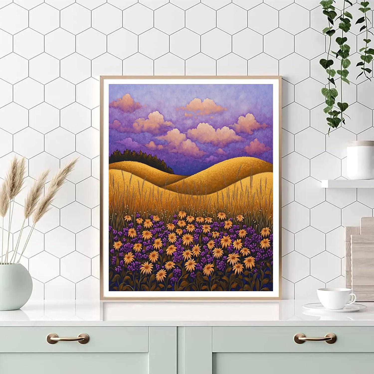 J. E. H. MacDonald Inspired Meadow With Wildflowers And Decorative Sky paint by color