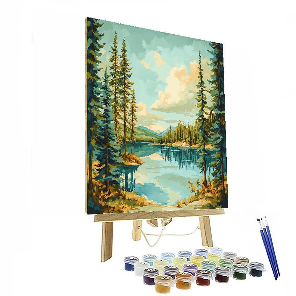 J E H MacDonald Inspired Pine Trees Framing A Shimmering Northern Lake DIY paint by numbers