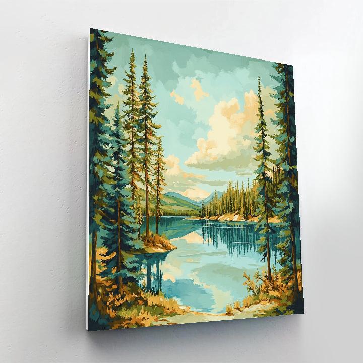 J E H MacDonald Inspired Pine Trees Framing A Shimmering Northern Lake DIY paint by numbers