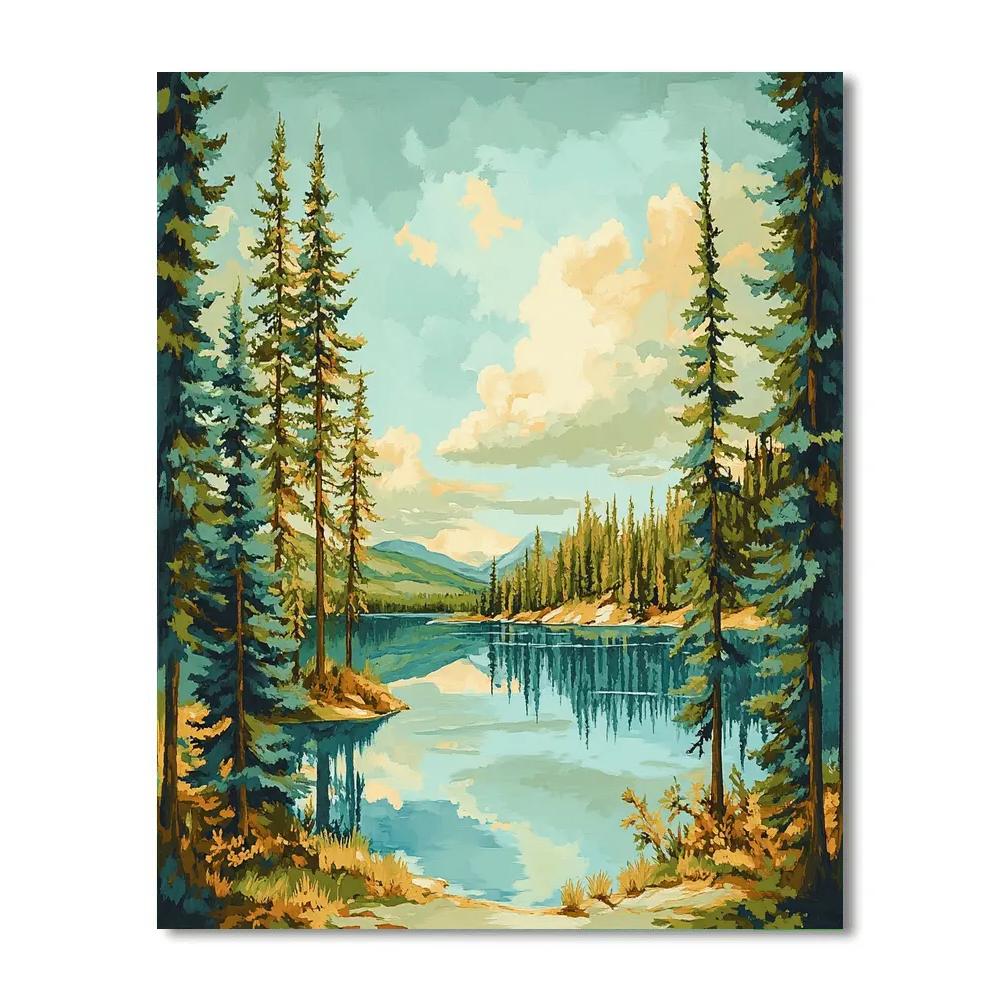 J E H MacDonald Inspired Pine Trees Framing A Shimmering Northern Lake DIY paint by numbers
