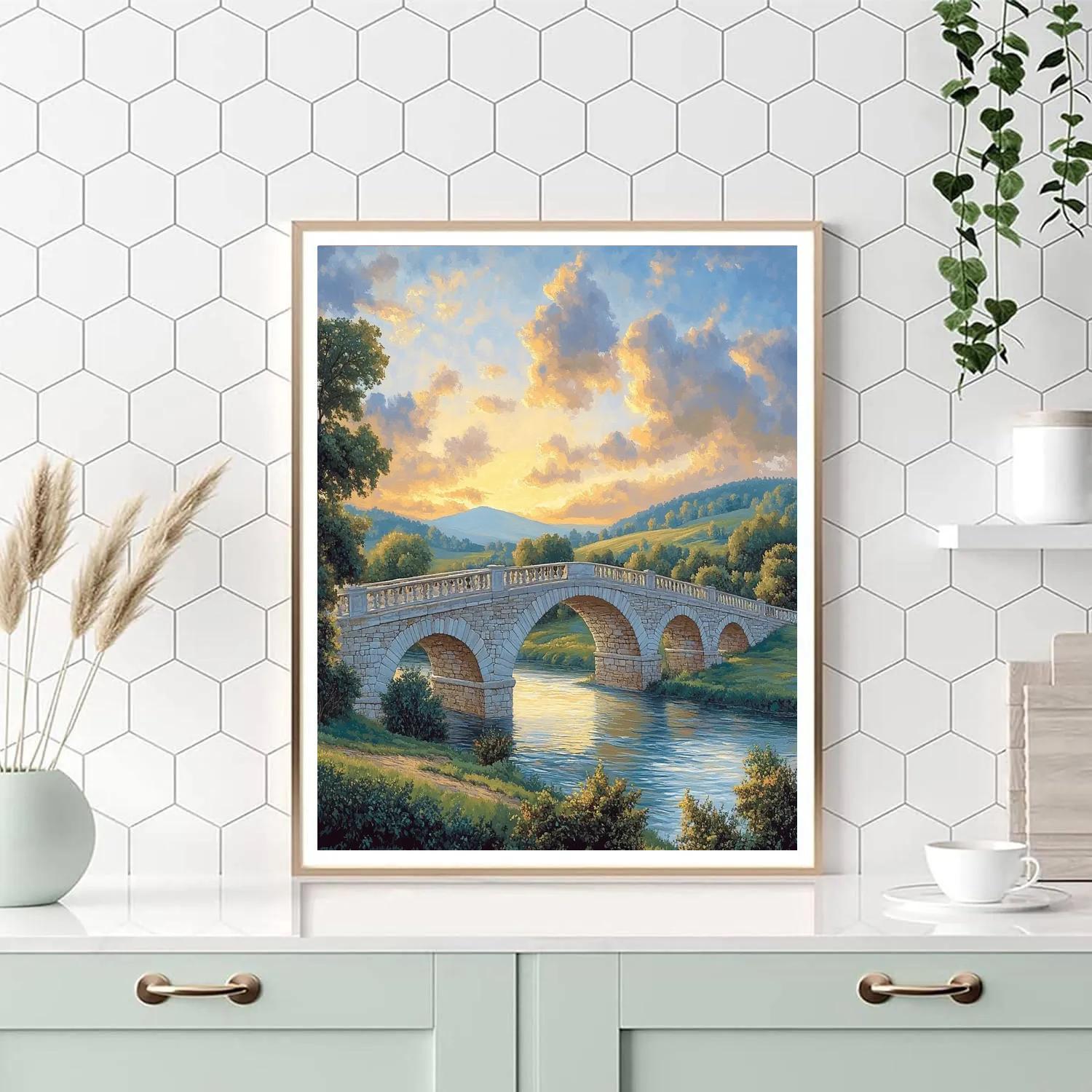 Raphael Inspired Tranquil Renaissance Landscape With Arched Bridge Number painting