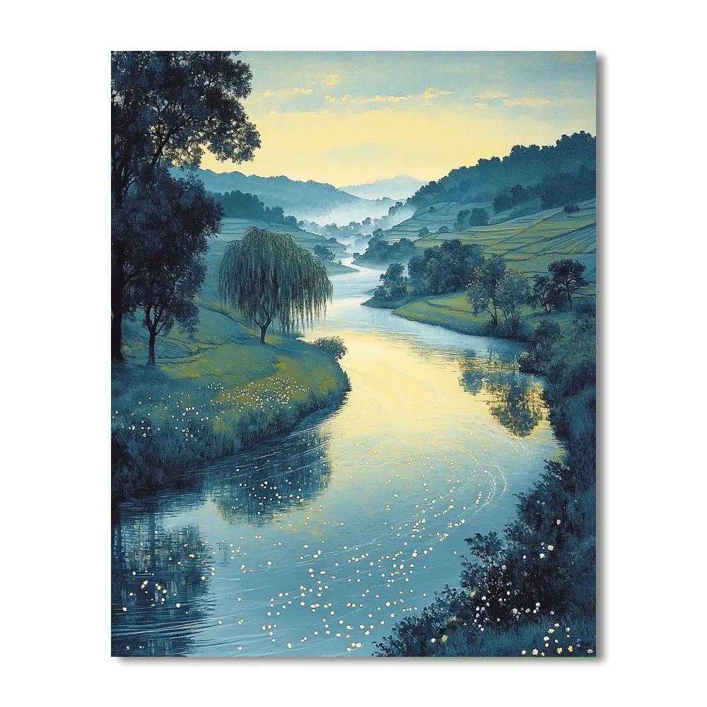 Hiroshige Inspired Tranquil River Reflections paint by color