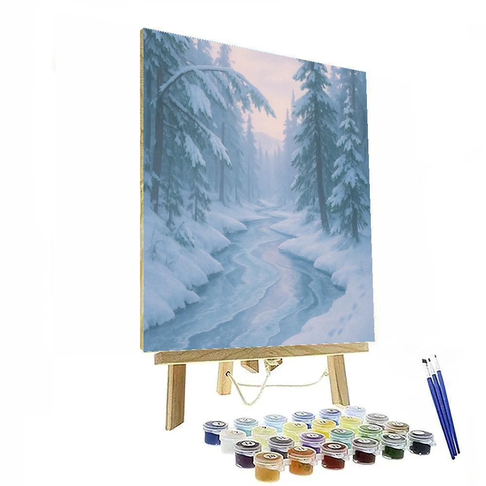 Serene Frozen Stream In Winter Pines paint by numbers