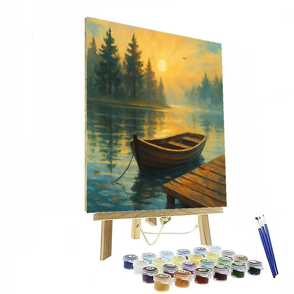 Sunrise Rowboat By The Pines paint by number