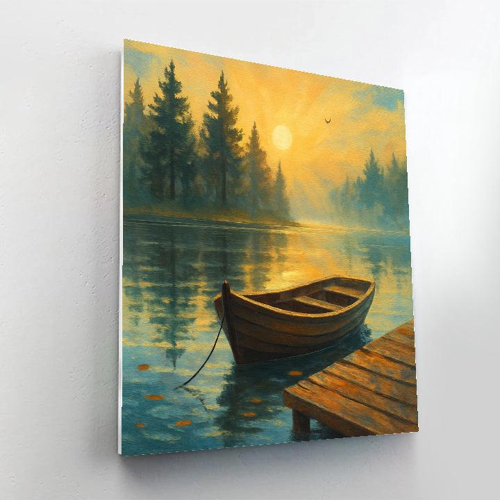 Sunrise Rowboat By The Pines paint by number