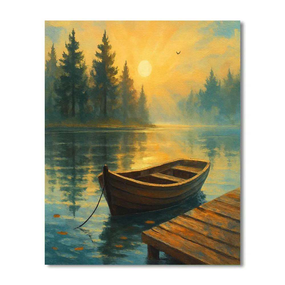 Sunrise Rowboat By The Pines paint by number