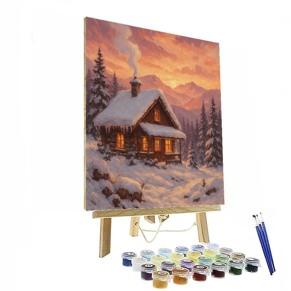 Golden Sunset Over Snowy Mountain Chalet Painting by numbers kit