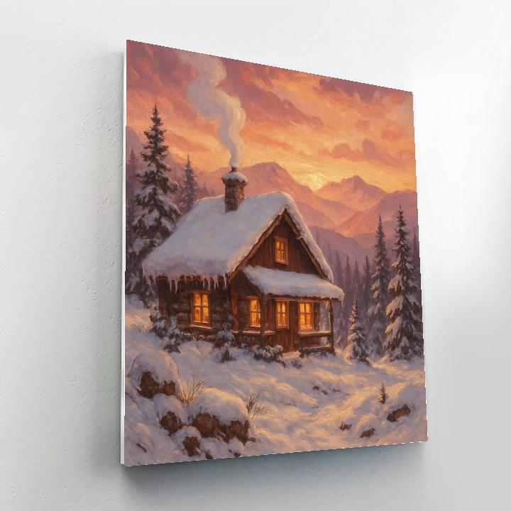 Golden Sunset Over Snowy Mountain Chalet Painting by numbers kit