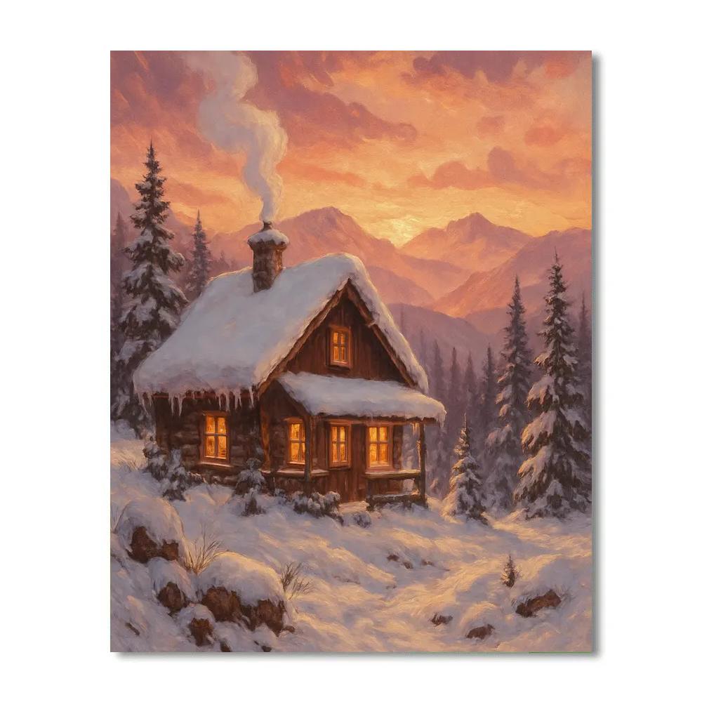 Golden Sunset Over Snowy Mountain Chalet Painting by numbers kit