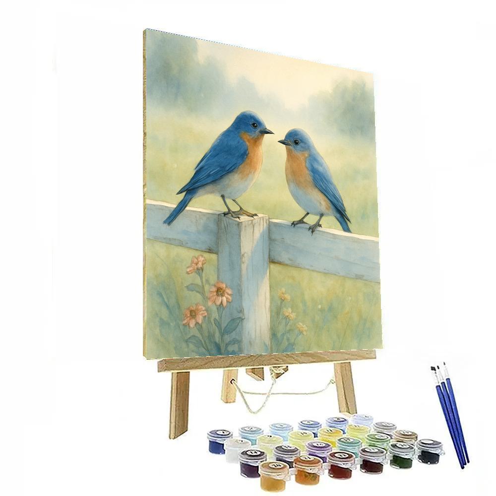 Bluebirds By The Painted Fence Numbered painting kits