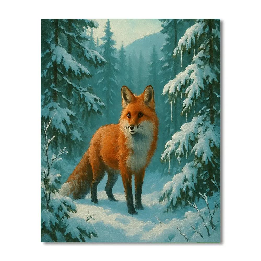 Silent Snowy Forest With Red Fox paint by color