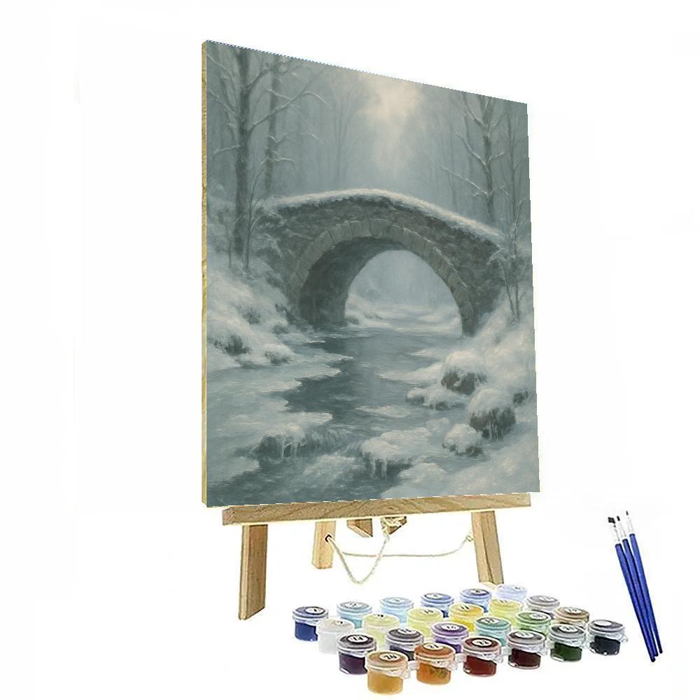 Bridge Over Icy River In Misty Winter Wood Paint by numbers art