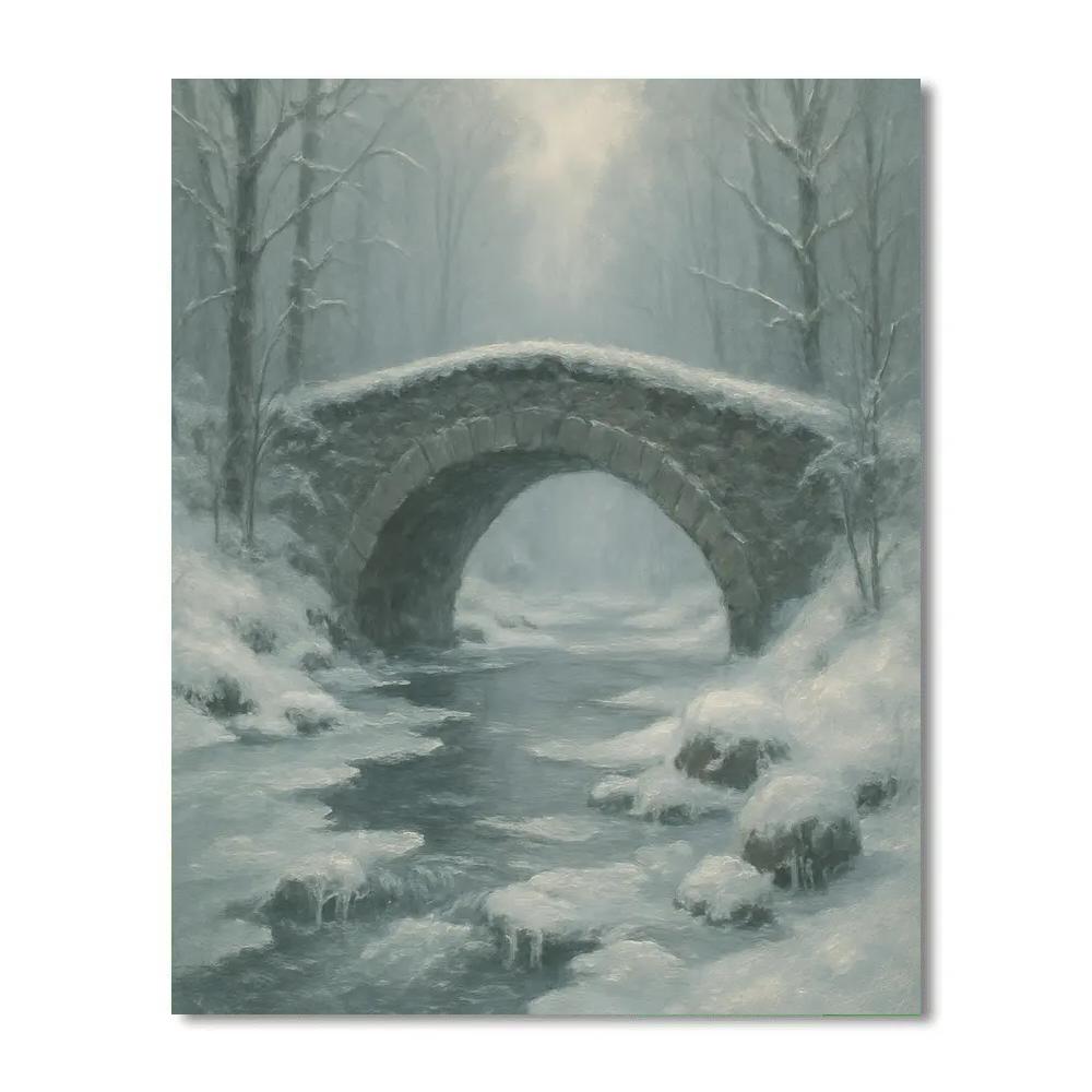 Bridge Over Icy River In Misty Winter Wood Paint by numbers art