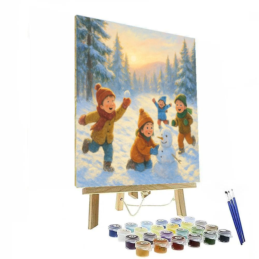 Playful Children In Snowy Forest Clearing Numbered painting kits