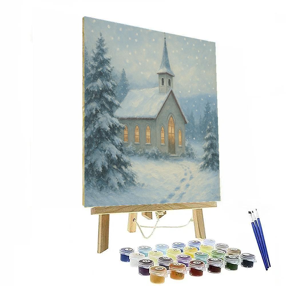 Country Church In Snow Under Soft Snowfall Number painting