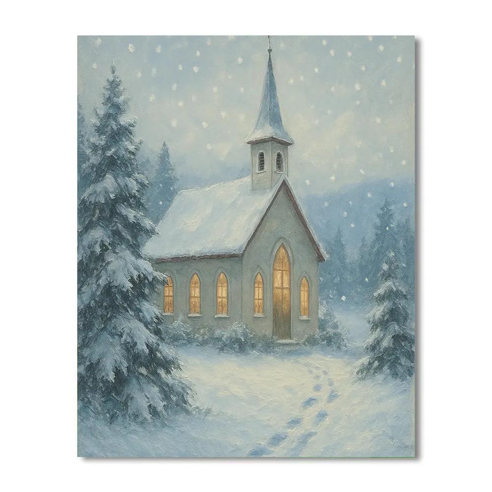 Country Church In Snow Under Soft Snowfall Number painting