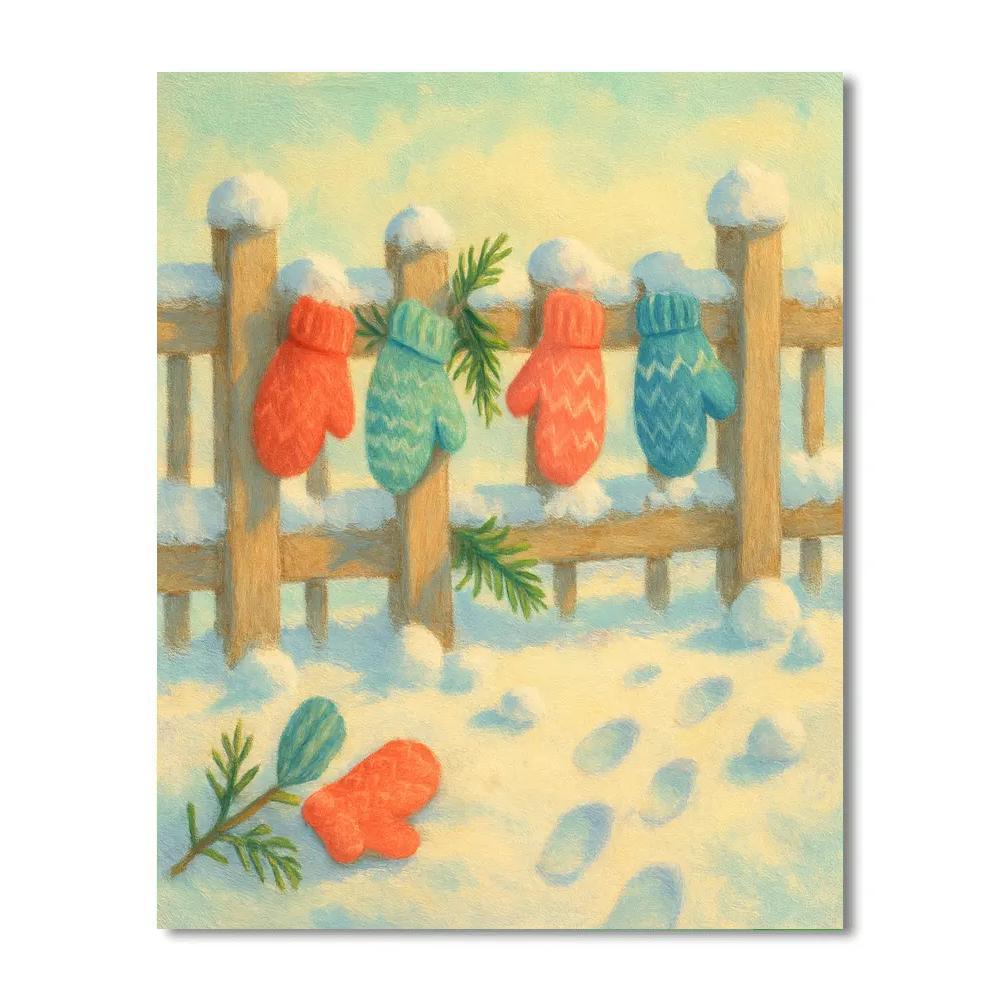 Mittens Hung On Evergreen Fence paint by color