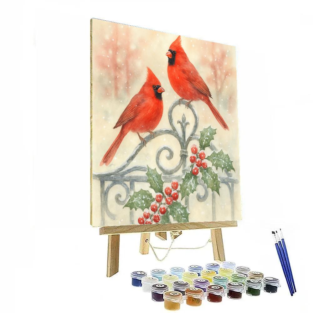 Cardinal Pair On Snowy Gate paint by color