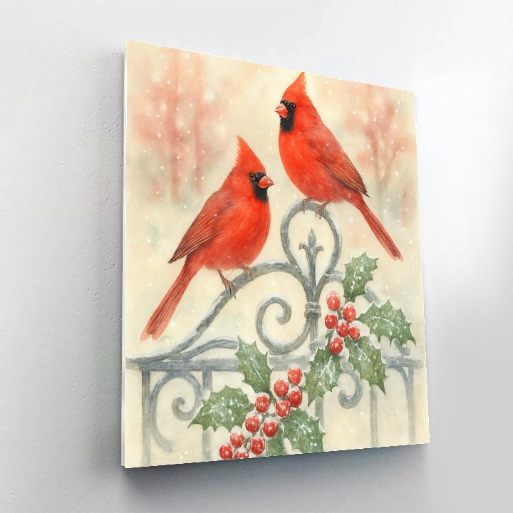Cardinal Pair On Snowy Gate paint by color
