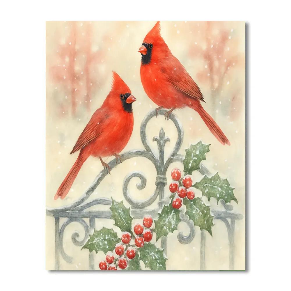 Cardinal Pair On Snowy Gate paint by color