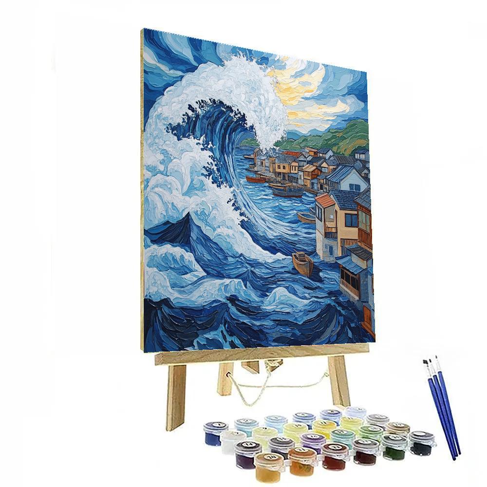 Hokusai Inspired Great Wave Over Harbor Paint by numbers art