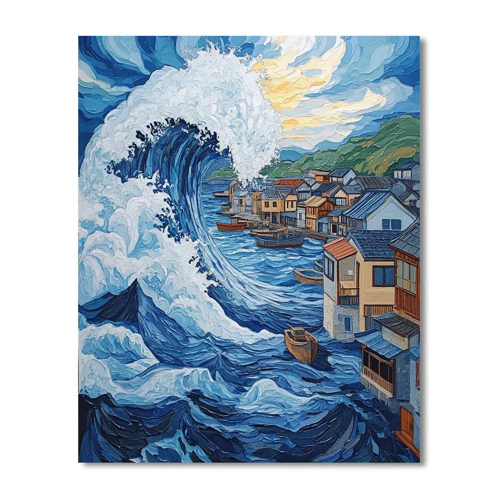 Hokusai Inspired Great Wave Over Harbor Paint by numbers art