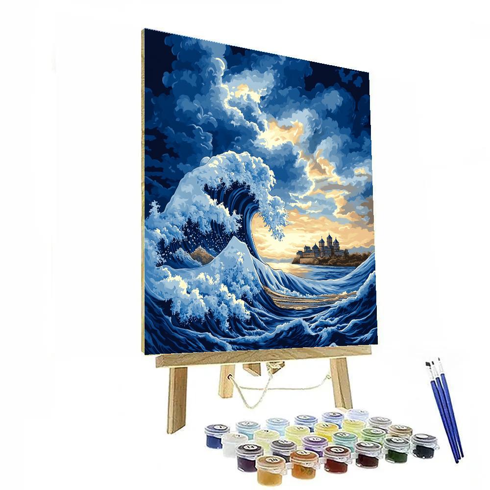 Hokusai Inspired Ocean Wave And Distant Castle paint by color