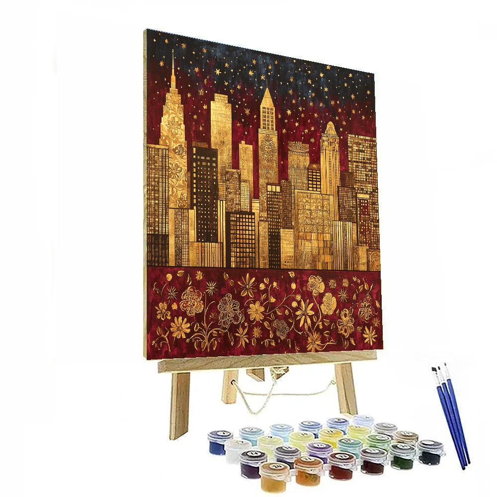 Gustav Klimt Inspired Patterned Cityscape At Night painting number kit