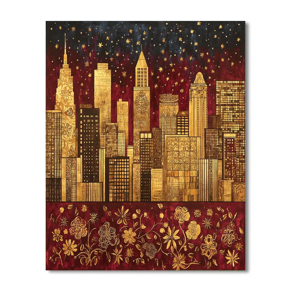 Gustav Klimt Inspired Patterned Cityscape At Night painting number kit