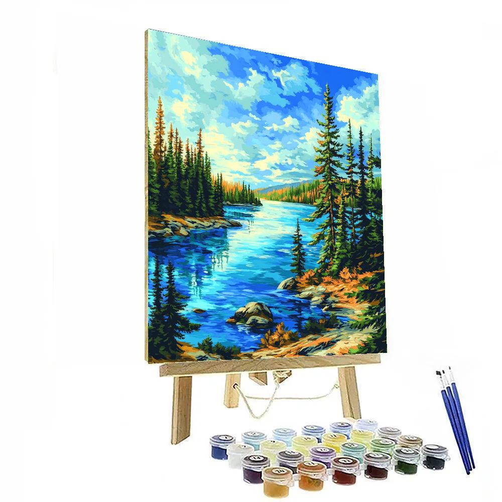J E H MacDonald Inspired Shimmering Northern Lake Framed By Pines painting number kit