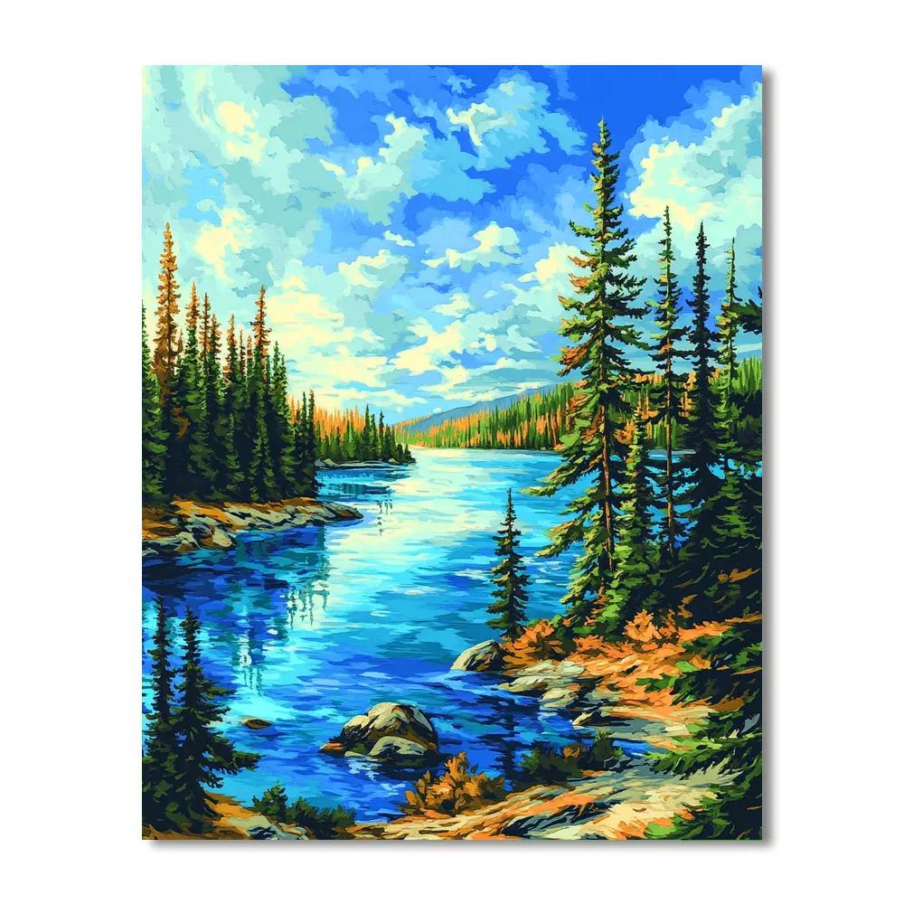 J E H MacDonald Inspired Shimmering Northern Lake Framed By Pines painting number kit