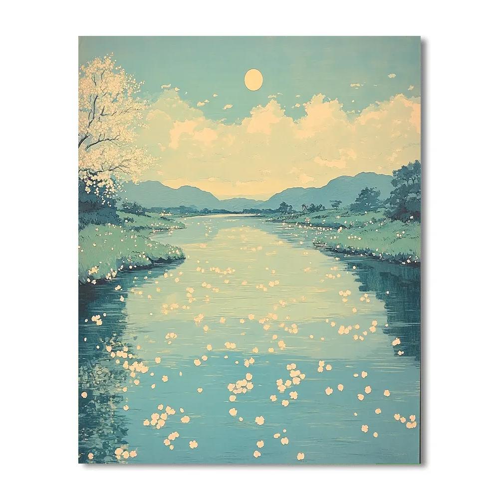 Hiroshige Inspired Moonlit Blossom River Numbered painting kits
