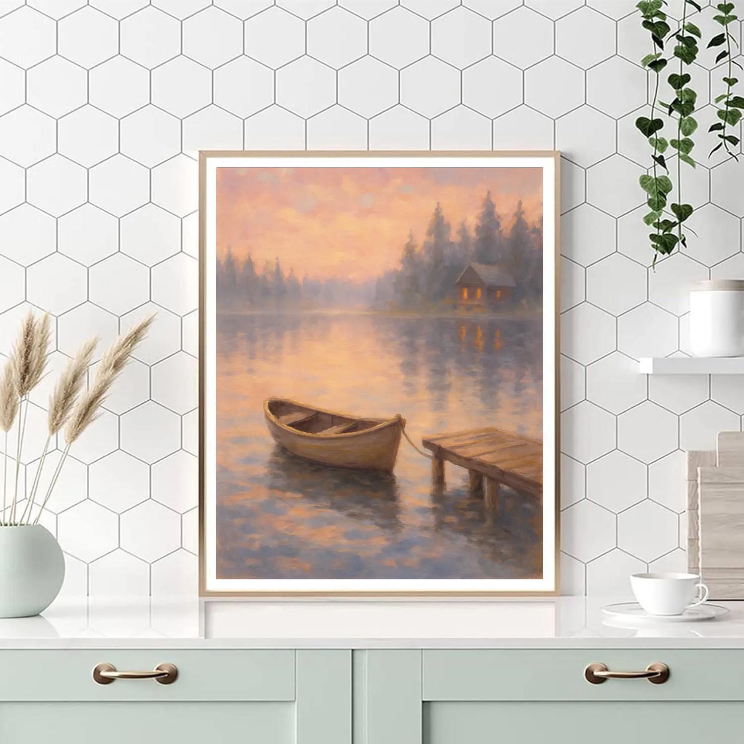 Morning Mist Rowboat Lake paint by number