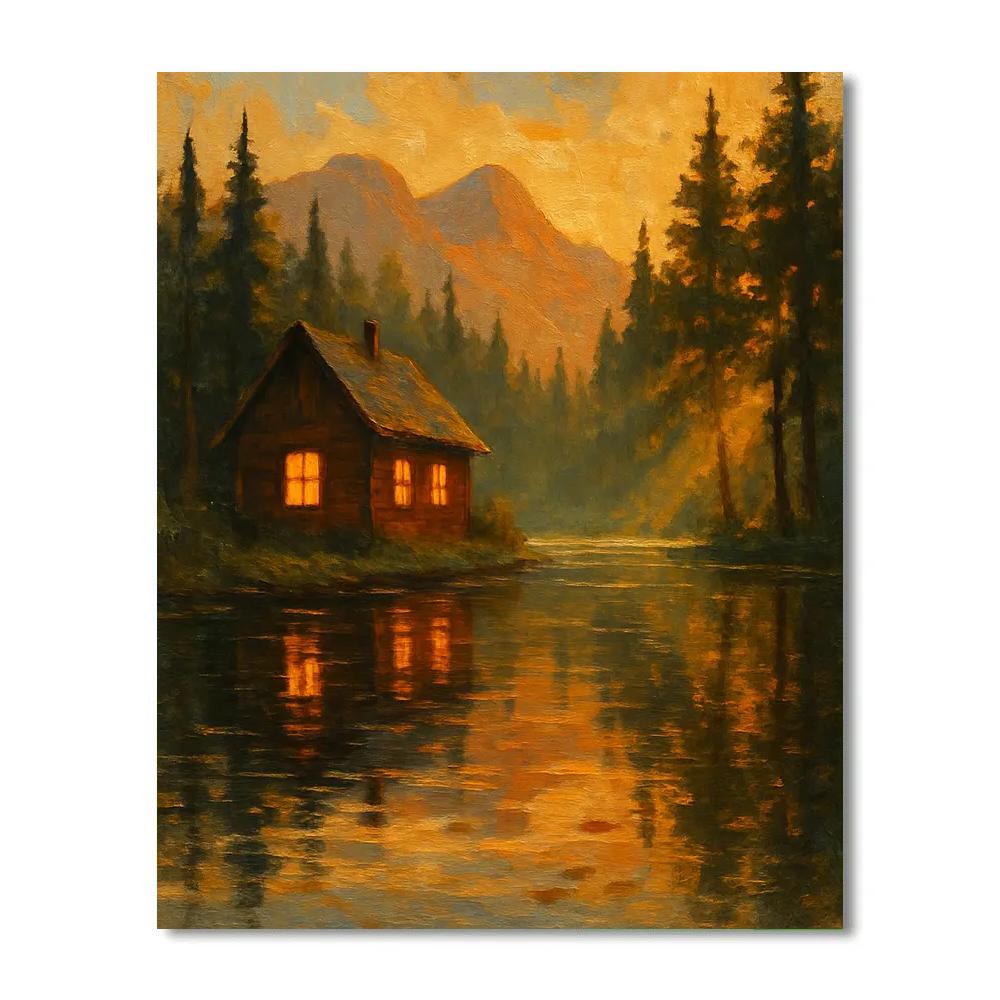 Golden Hour Cabin Reflection paint by number