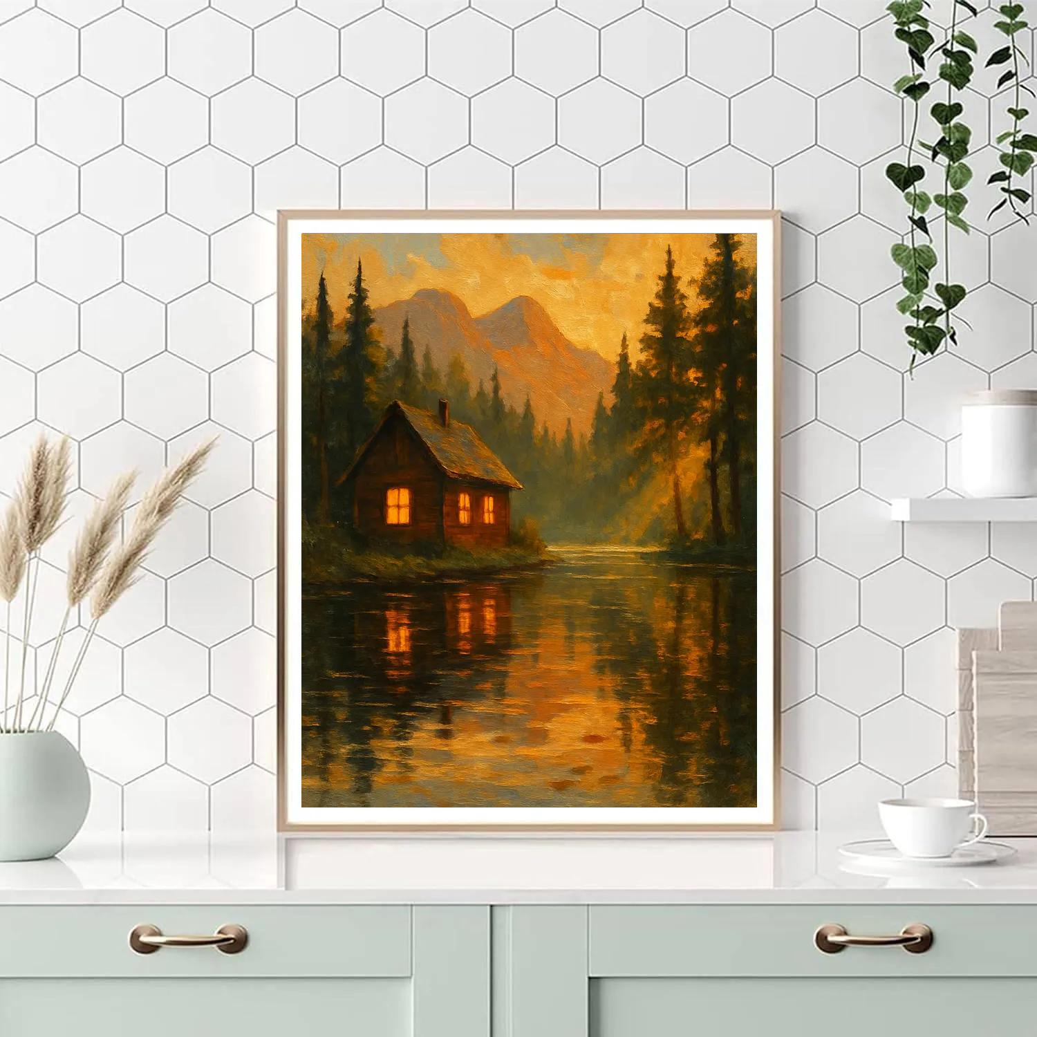 Golden Hour Cabin Reflection paint by number
