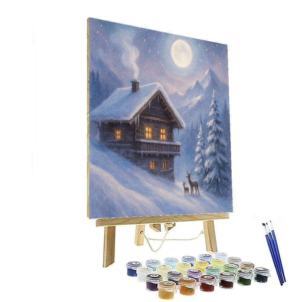 Mountain Chalet Under Moonlight painting number kit