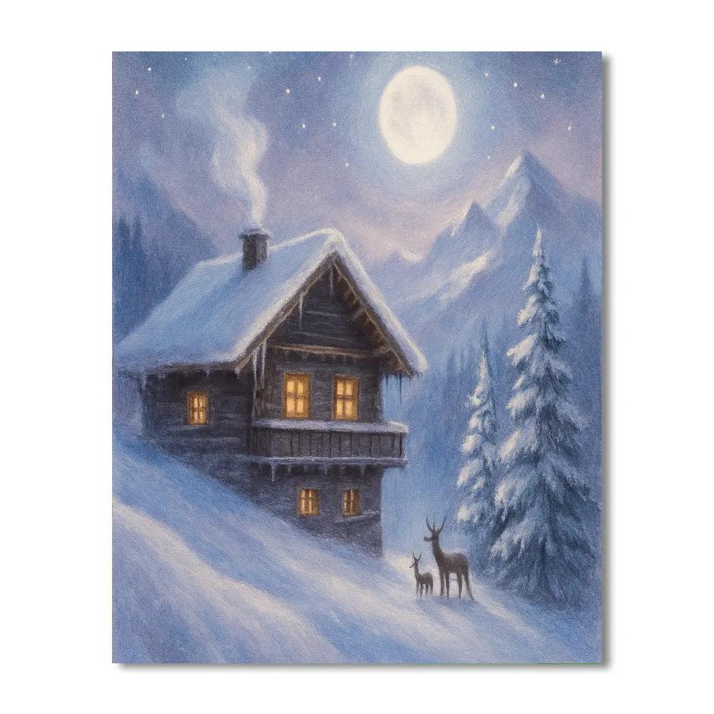Mountain Chalet Under Moonlight painting number kit