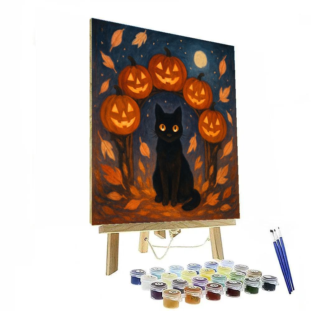 Black Cat Under Starlit Pumpkin Arch paint by number