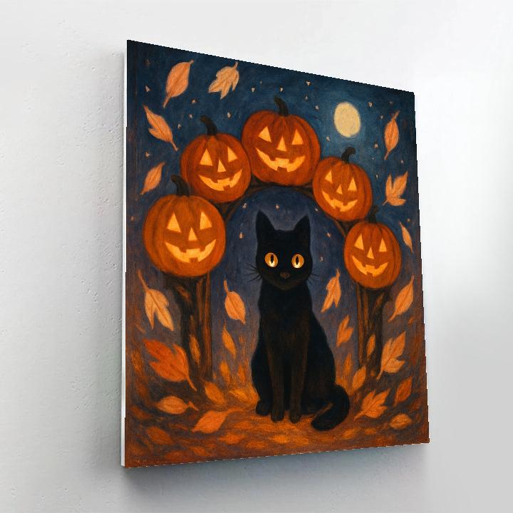 Black Cat Under Starlit Pumpkin Arch paint by number