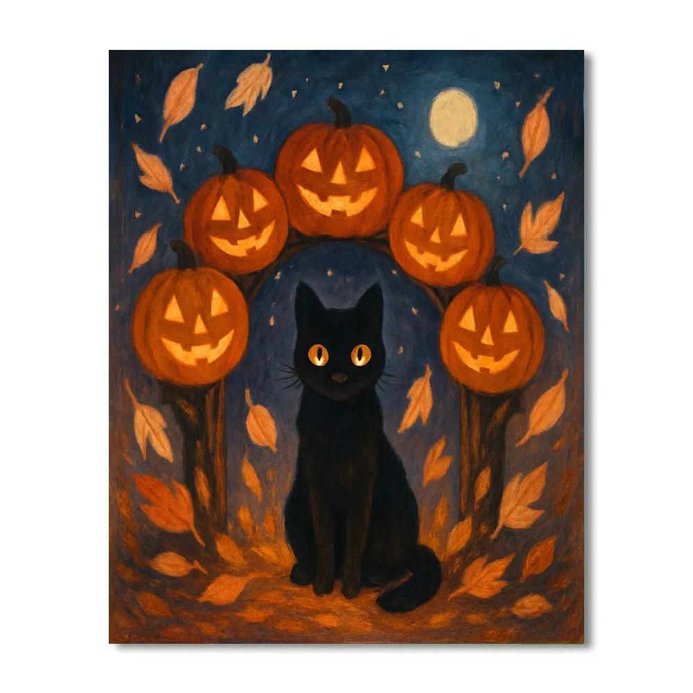 Black Cat Under Starlit Pumpkin Arch paint by number