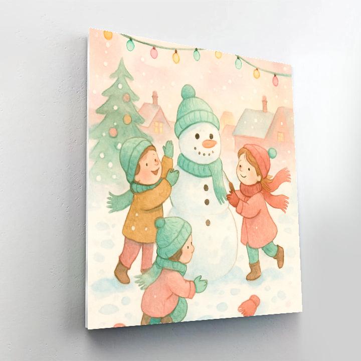 Children Building Joyful Snowman Number painting