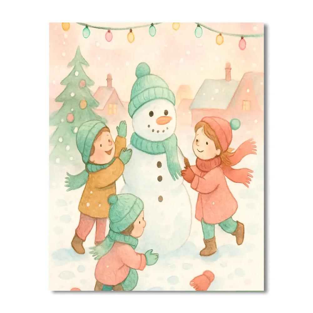 Children Building Joyful Snowman Number painting