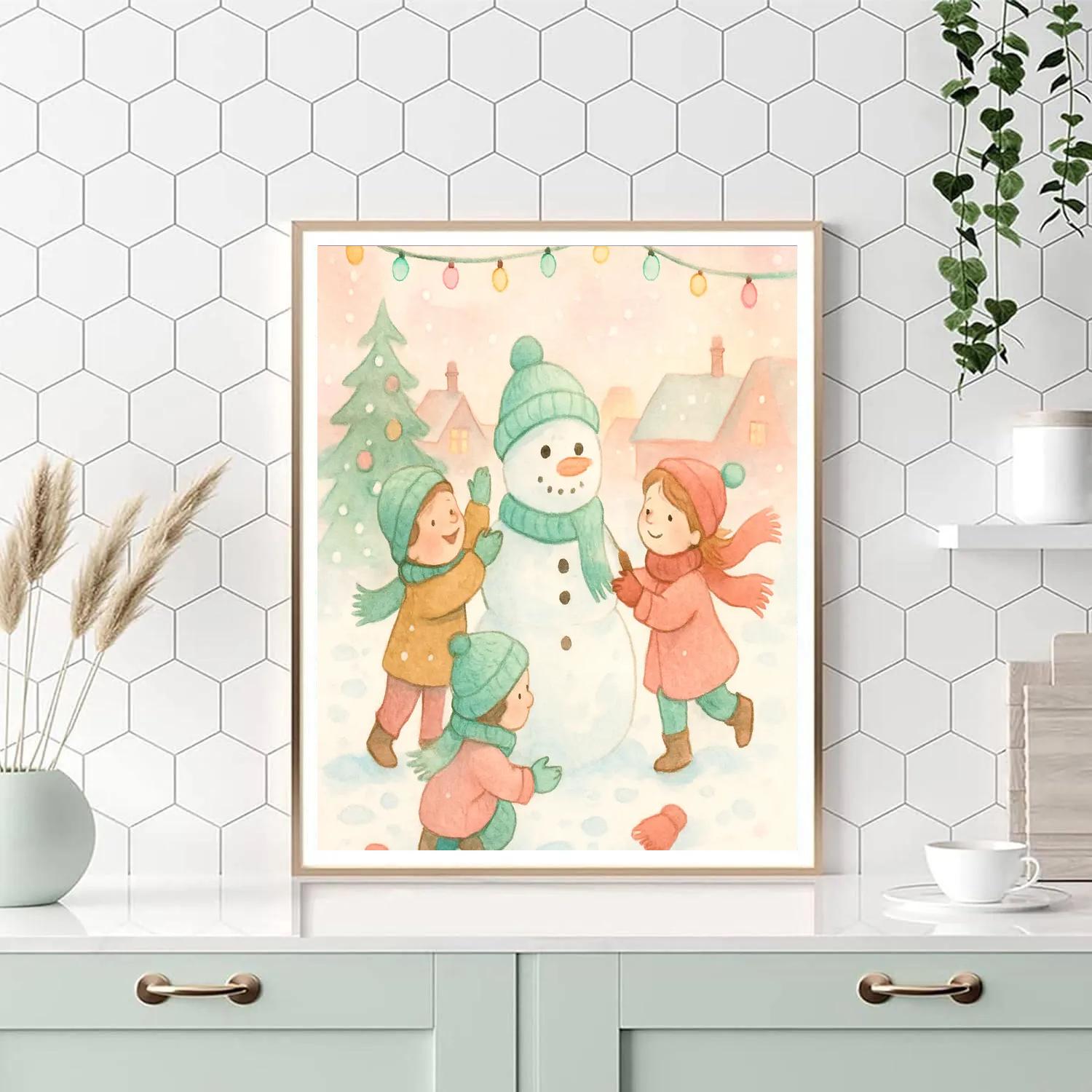 Children Building Joyful Snowman Number painting