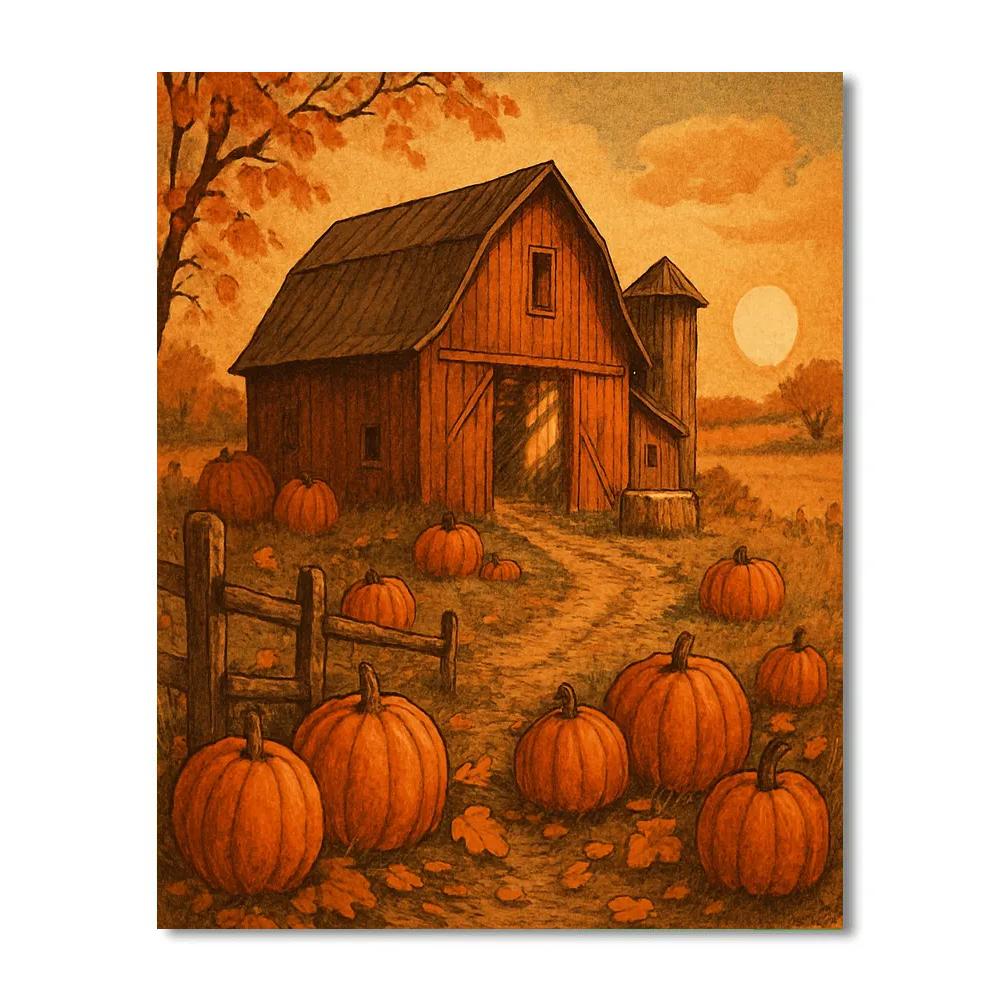 Sunlit Country Barn With Pumpkin Patch DIY paint by numbers