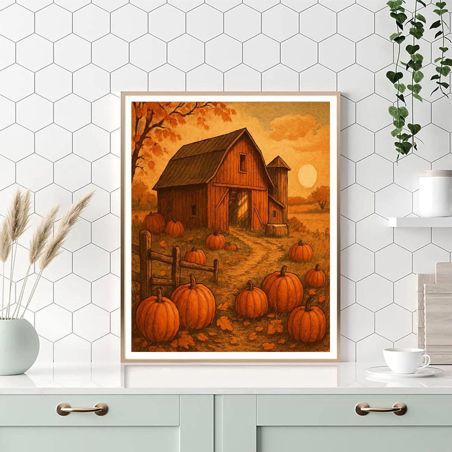 Sunlit Country Barn With Pumpkin Patch DIY paint by numbers