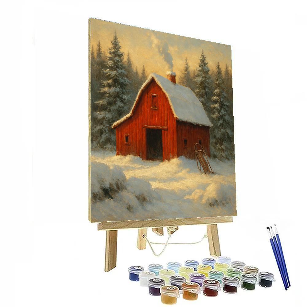 Crimson Barn Amid Frosted Evergreens DIY paint by numbers
