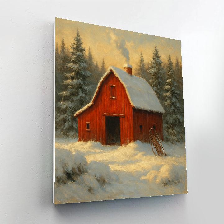 Crimson Barn Amid Frosted Evergreens DIY paint by numbers