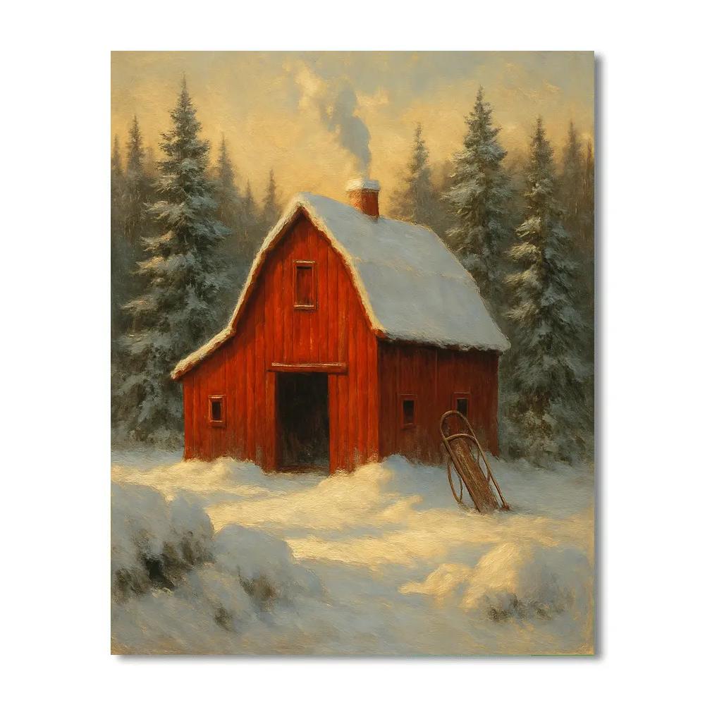 Crimson Barn Amid Frosted Evergreens DIY paint by numbers