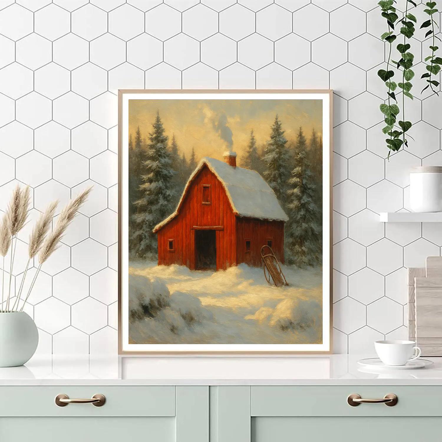 Crimson Barn Amid Frosted Evergreens DIY paint by numbers
