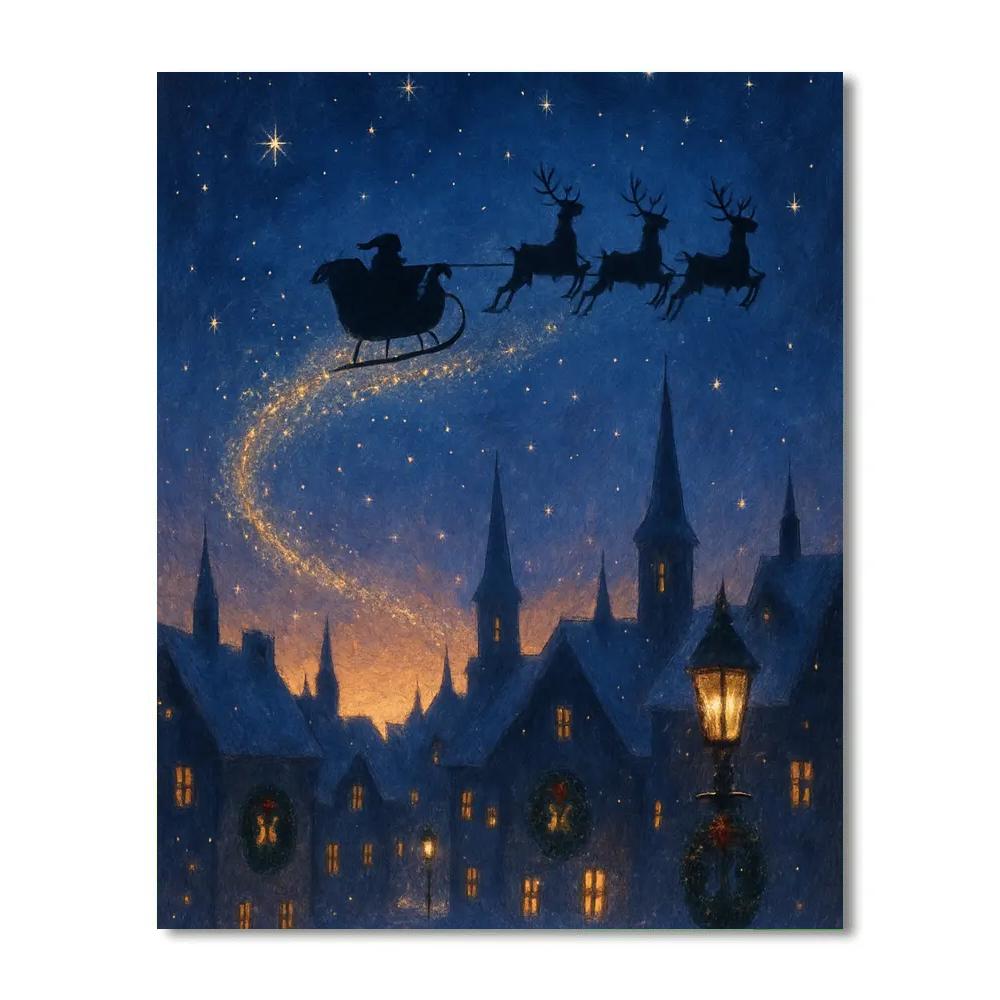 Santa Sleigh Over Twilight Town Number painting